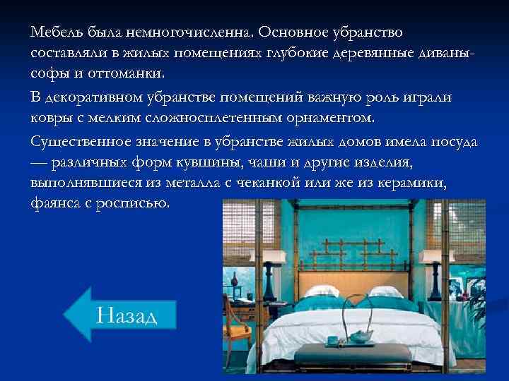 Мебель была немногочисленна. Основное убранство составляли в жилых помещениях глубокие деревянные диванысофы и оттоманки.