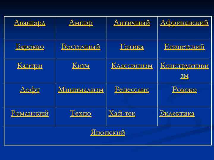 Авангард Ампир Античный Африканский Барокко Восточный Готика Египетский Кантри Китч Лофт Минимализм Романский Техно