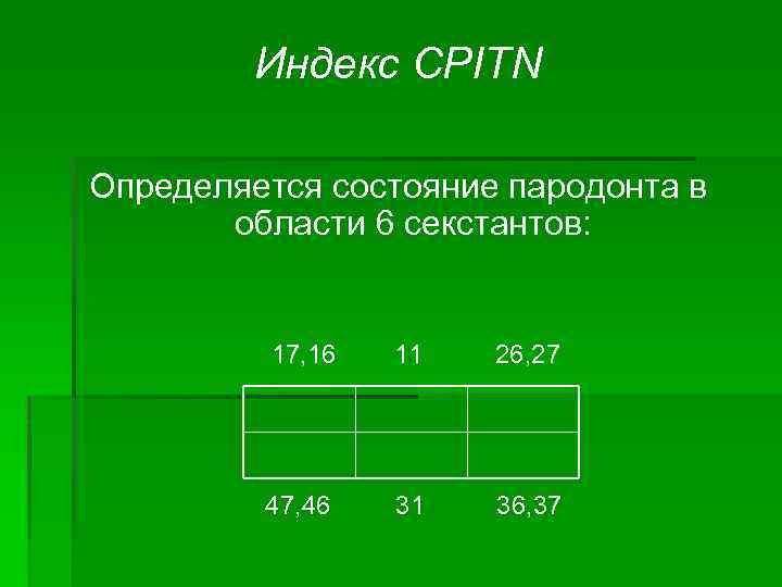 Индекс CPITN Определяется состояние пародонта в области 6 секстантов: 17, 16 11 26, 27