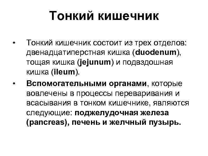  Тонкий кишечник • Тонкий кишечник состоит из трех отделов: двенадцатиперстная кишка (duodenum), тощая