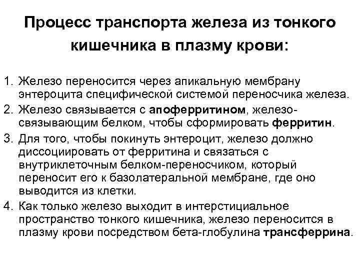 Процесс транспорта железа из тонкого кишечника в плазму крови: 1. Железо переносится через апикальную