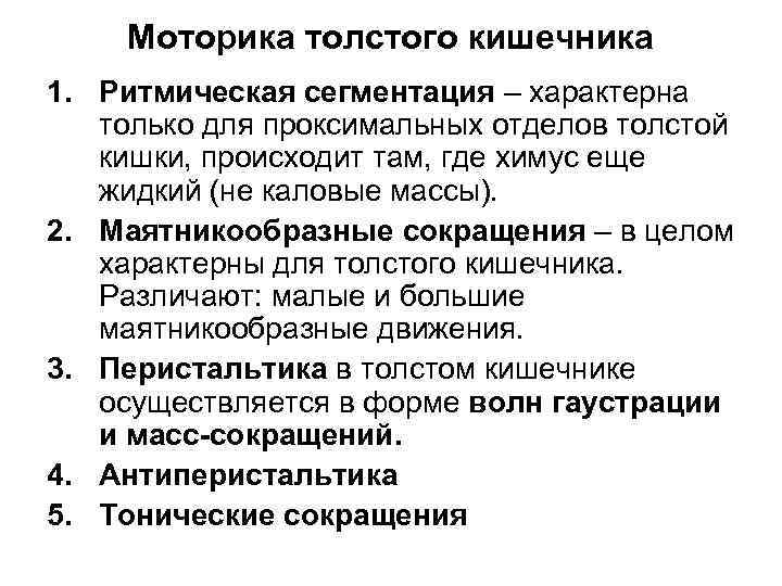 Моторика толстого кишечника 1. Ритмическая сегментация – характерна только для проксимальных отделов толстой кишки,