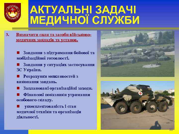 АКТУАЛЬНІ ЗАДАЧІ МЕДИЧНОЇ СЛУЖБИ 3. Визначити сили та засоби військовомедичних закладів та установ. n