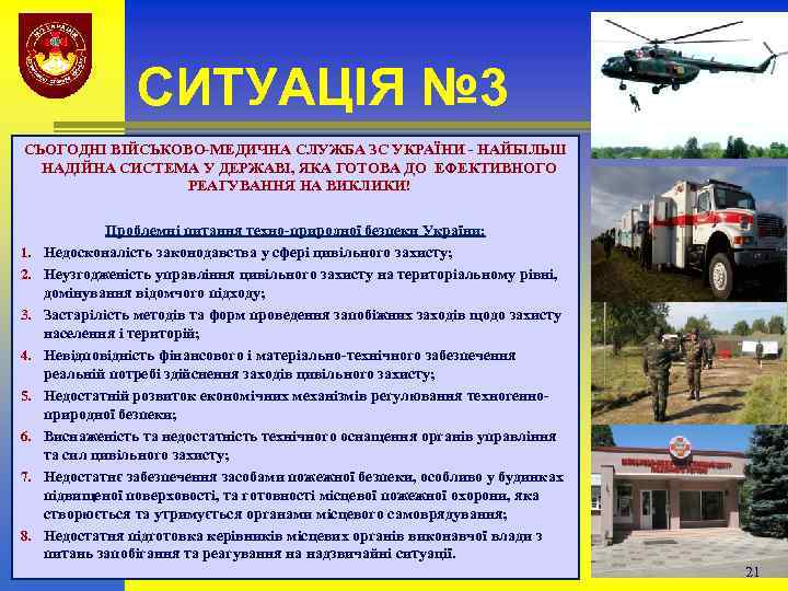 СИТУАЦІЯ № 3 СЬОГОДНІ ВІЙСЬКОВО-МЕДИЧНА СЛУЖБА ЗС УКРАЇНИ - НАЙБІЛЬШ НАДІЙНА СИСТЕМА У ДЕРЖАВІ,