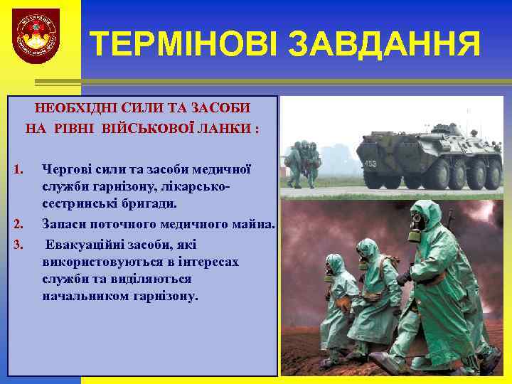 ТЕРМІНОВІ ЗАВДАННЯ НЕОБХІДНІ СИЛИ ТА ЗАСОБИ НА РІВНІ ВІЙСЬКОВОЇ ЛАНКИ : 1. 2. 3.