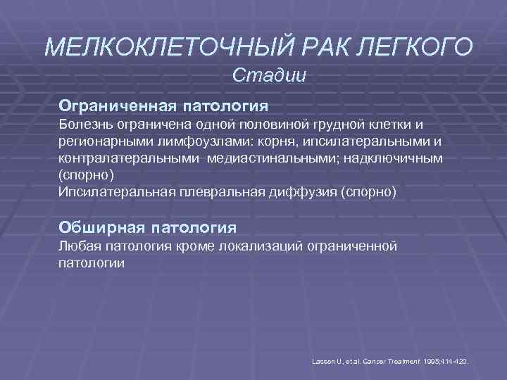 МЕЛКОКЛЕТОЧНЫЙ РАК ЛЕГКОГО Стадии Ограниченная патология Болезнь ограничена одной половиной грудной клетки и регионарными
