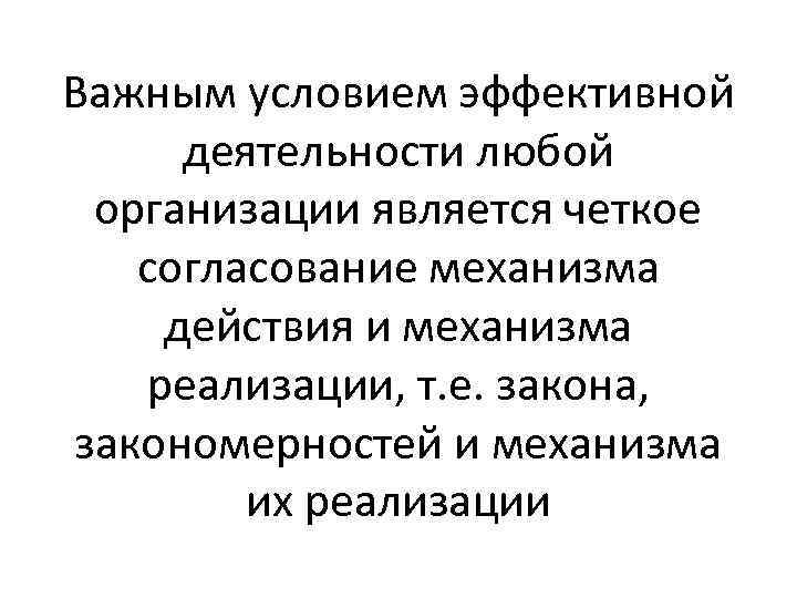 Важным условием эффективной деятельности любой организации является четкое согласование механизма действия и механизма реализации,