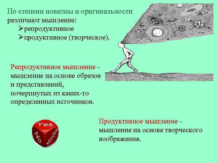 По степени новизны и оригинальности различают мышление: Øрепродуктивное Øпродуктивное (творческое). Репродуктивное мышление на основе
