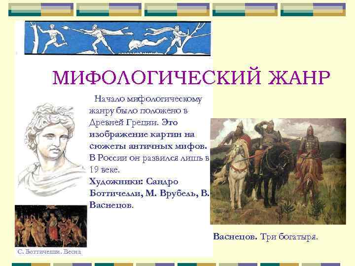  МИФОЛОГИЧЕСКИЙ ЖАНР Начало мифологическому жанру было положено в Древней Греции. Это изображение картин