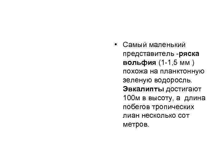  • Самый маленький представитель -ряска вольфия (1 -1, 5 мм ) похожа на