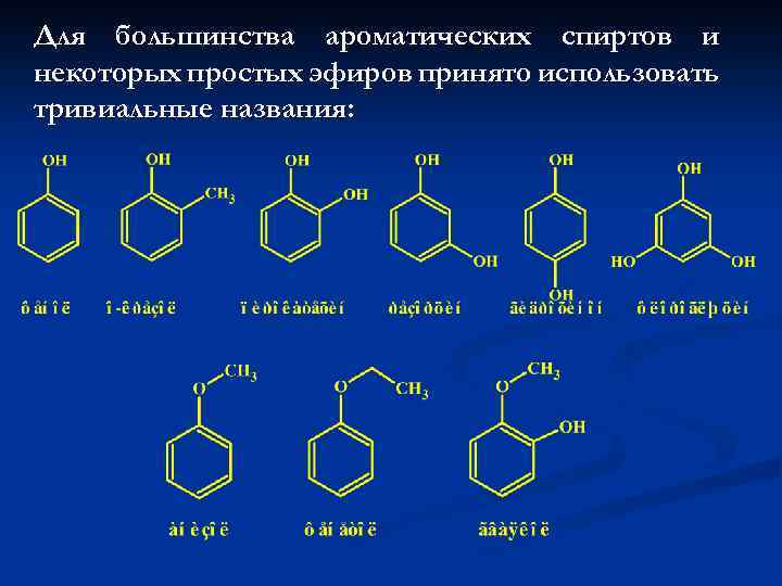 Для большинства ароматических спиртов и некоторых простых эфиров принято использовать тривиальные названия: 