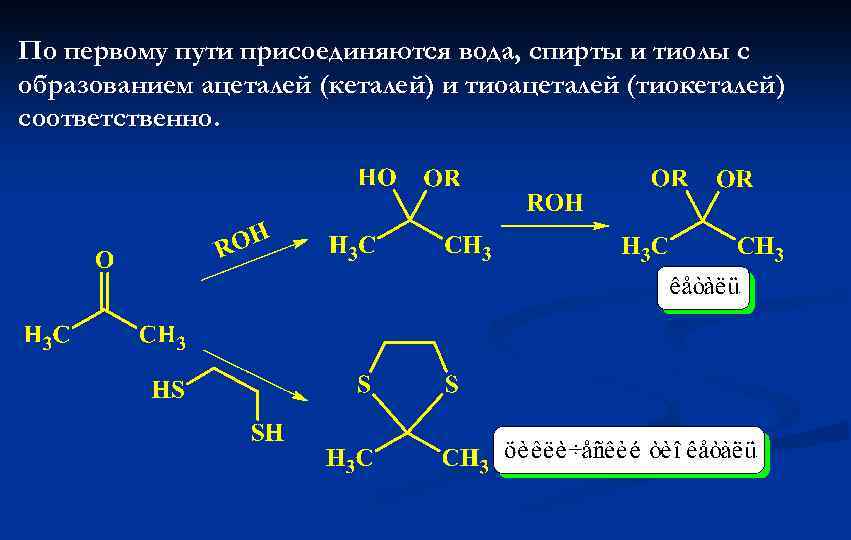 По первому пути присоединяются вода, спирты и тиолы с образованием ацеталей (кеталей) и тиоацеталей