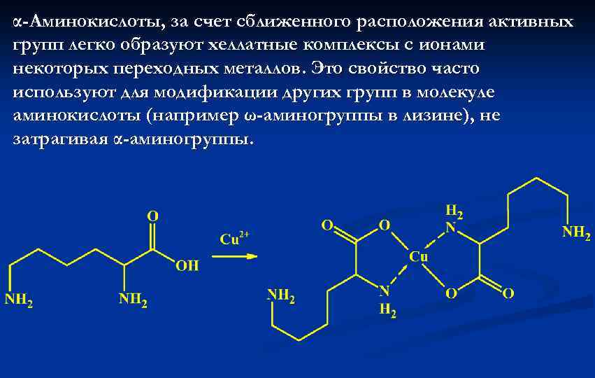 α-Аминокислоты, за счет сближенного расположения активных групп легко образуют хеллатные комплексы с ионами некоторых