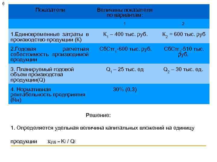 6 Показатели Величины показателя по вариантам: 1 2 1. Единовременные затраты в производство продукции