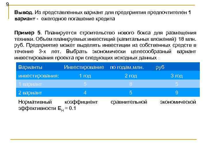 9 Вывод. Из представленных вариант для предприятия предпочтителен 1 вариант - ежегодное погашение кредита
