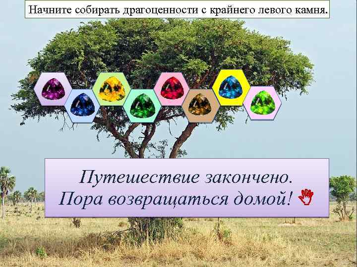 Начните собирать драгоценности с крайнего левого камня. Путешествие закончено. Пора возвращаться домой! 