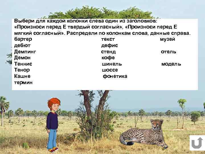 Выбери для каждой колонки слева один из заголовков: «Произноси перед Е твердый согласный» ,