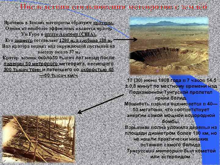 Последствия столкновения метеоритов с землёй Врезаясь в Землю, метеориты образуют кратеры. Одним из наиболее