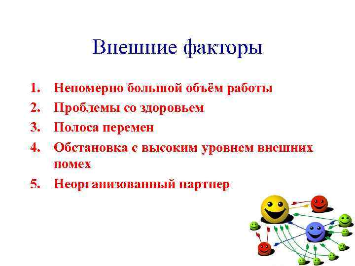 Внешние факторы 1. 2. 3. 4. Непомерно большой объём работы Проблемы со здоровьем Полоса