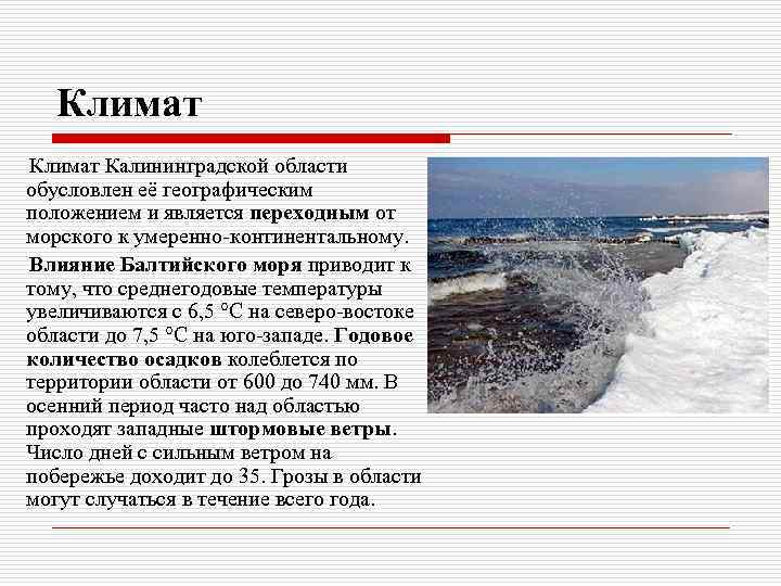 Климат Калининградской области обусловлен её географическим положением и является переходным от морского к умеренно-континентальному.