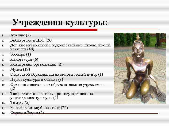 Учреждения культуры: 1. 2. 3. 4. 5. 6. 7. 8. 9. 10. 11. 12.