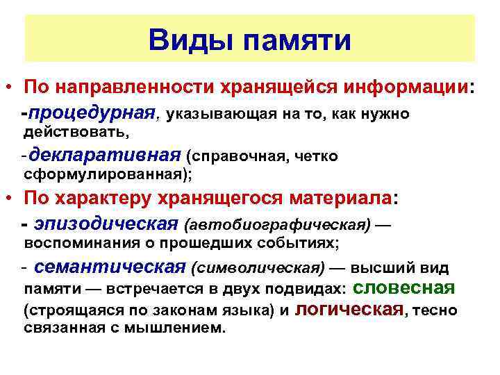 Виды памяти • По направленности хранящейся информации: -процедурная, указывающая на то, как нужно действовать,