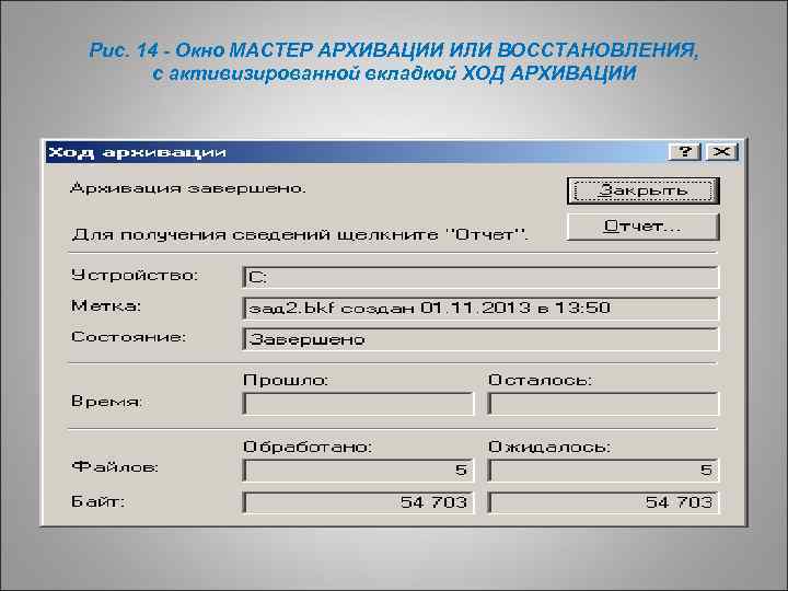 Рис. 14 - Окно МАСТЕР АРХИВАЦИИ ИЛИ ВОССТАНОВЛЕНИЯ, с активизированной вкладкой ХОД АРХИВАЦИИ 