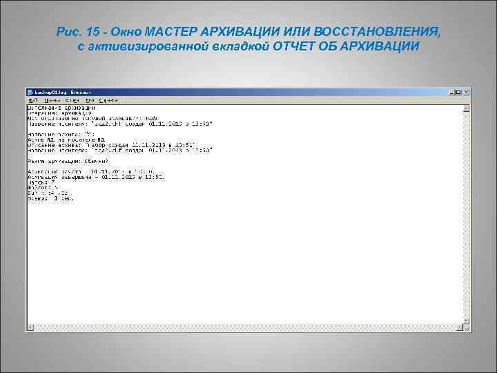 Рис. 15 - Окно МАСТЕР АРХИВАЦИИ ИЛИ ВОССТАНОВЛЕНИЯ, с активизированной вкладкой ОТЧЕТ ОБ АРХИВАЦИИ