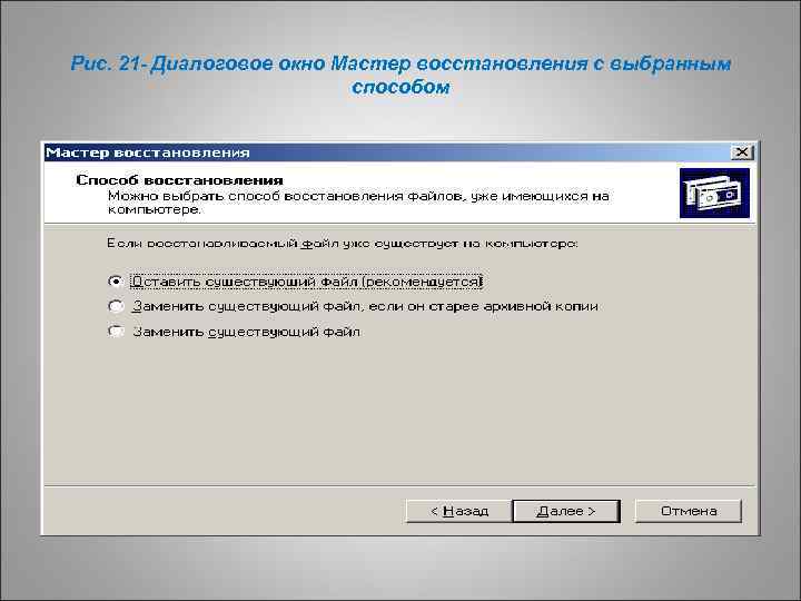 Рис. 21 - Диалоговое окно Мастер восстановления с выбранным способом 