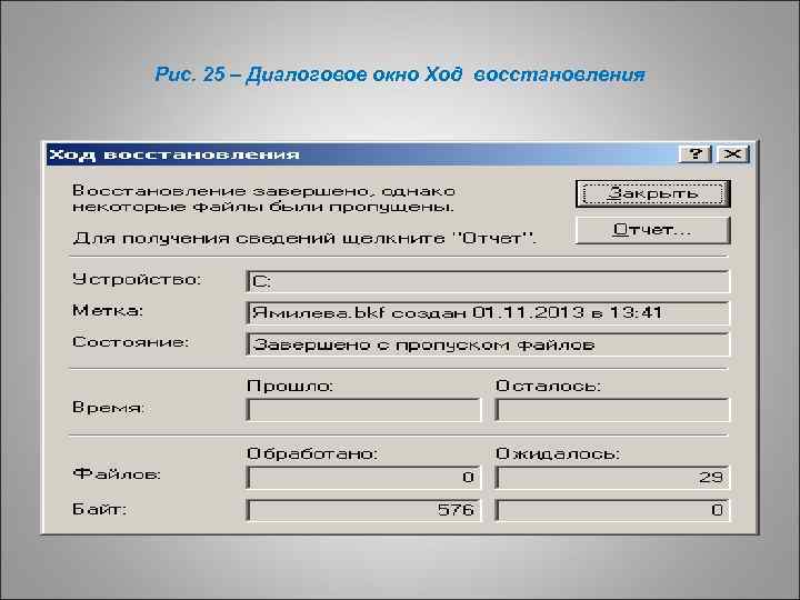 Рис. 25 – Диалоговое окно Ход восстановления 