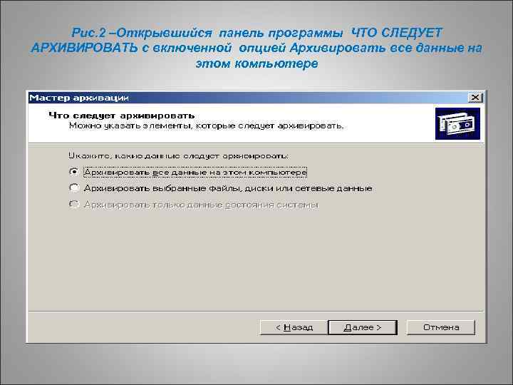 Рис. 2 –Открывшийся панель программы ЧТО СЛЕДУЕТ АРХИВИРОВАТЬ с включенной опцией Архивировать все данные