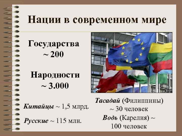 Нации в современном мире Государства ~ 200 Народности ~ 3. 000 Тасадай (Филиппины) Китайцы