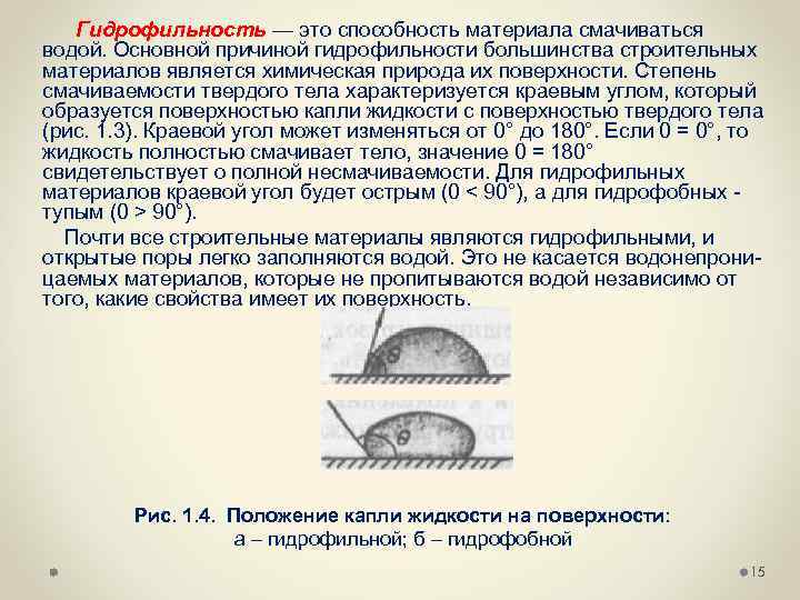  Гидрофильность — это способность материала смачиваться водой. Основной причиной гидрофильности большинства строительных материалов