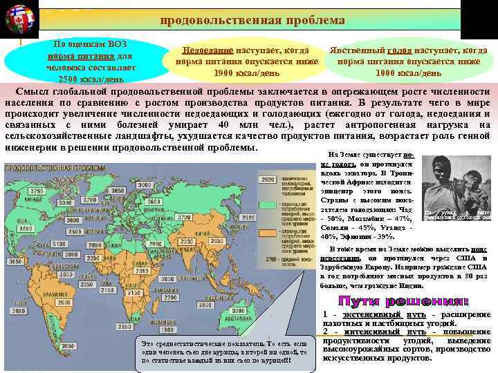 продовольственная проблема По оценкам ВОЗ норма питания для человека составляет 2500 ккал/день Недоедание наступает,