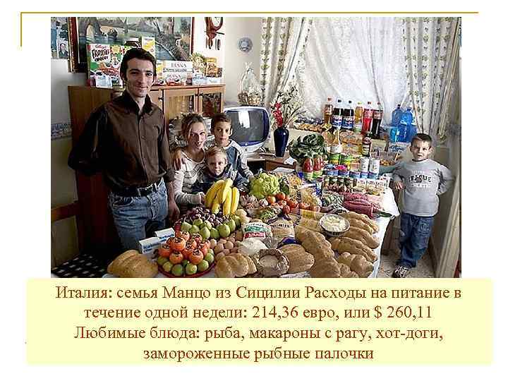 Италия: семья Манцо из Сицилии Расходы на питание в течение одной недели: 214, 36