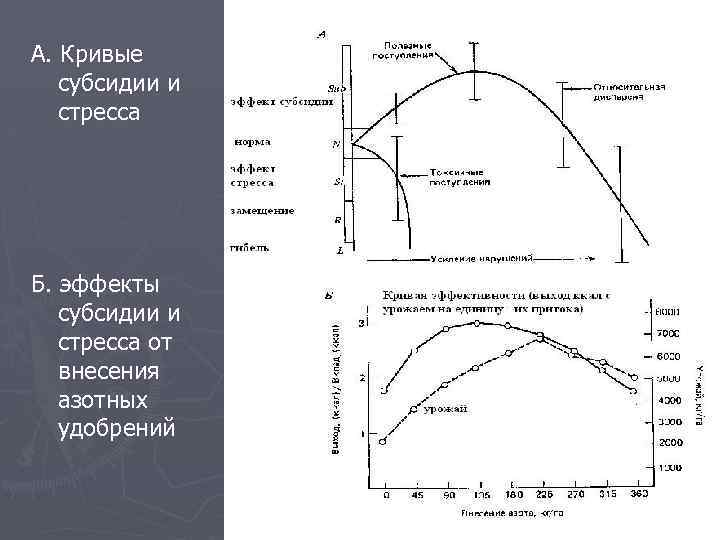 А. Кривые субсидии и стресса Б. эффекты субсидии и стресса от внесения азотных удобрений