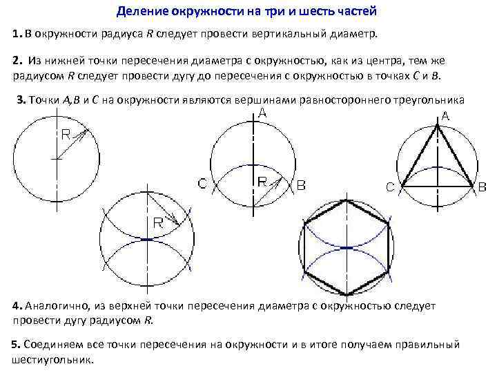 Деление окружности на три и шесть частей 1. В окружности радиуса R следует провести