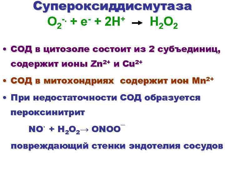 Супероксиддисмутаза О 2 -. + е- + 2 Н+ Н 2 О 2 •