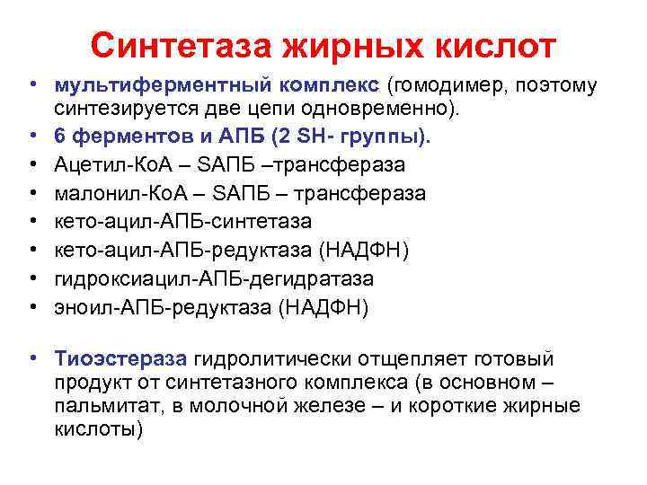 Синтетаза жирных кислот • мультиферментный комплекс (гомодимер, поэтому синтезируется две цепи одновременно). • 6