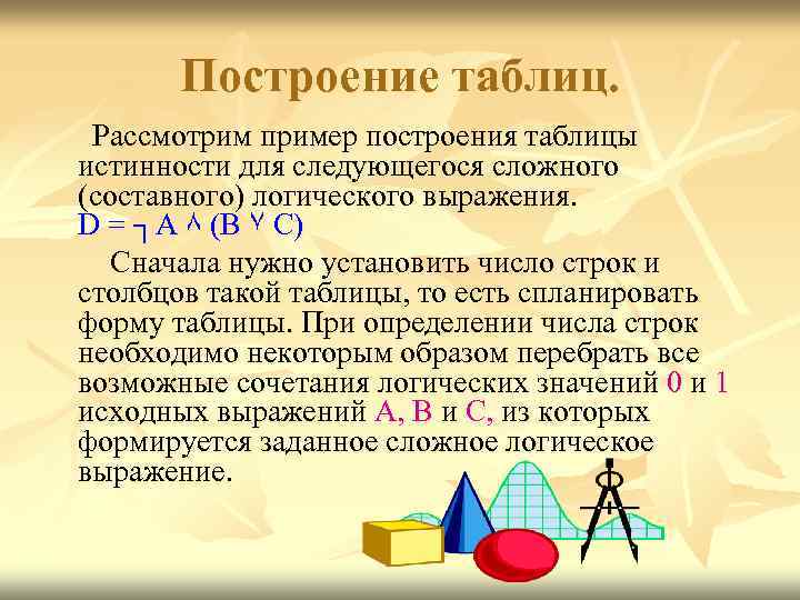 Построение таблиц. Рассмотрим пример построения таблицы истинности для следующегося сложного (составного) логического выражения. D
