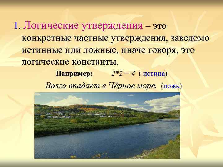1. Логические утверждения – это конкретные частные утверждения, заведомо истинные или ложные, иначе говоря,