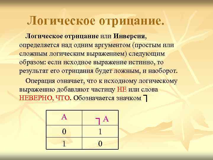 Логическое отрицание или Инверсия, определяется над одним аргументом (простым или сложным логическим выражением) следующим