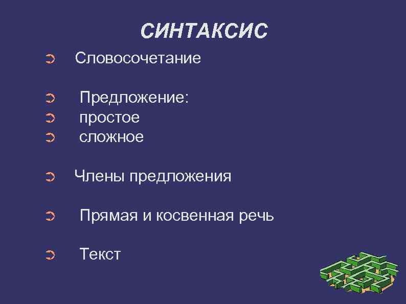 СИНТАКСИС ➲ ➲ ➲ Словосочетание Предложение: простое сложное Члены предложения ➲ Прямая и косвенная