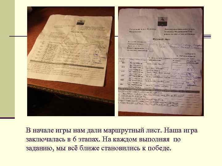 В начале игры нам дали маршрутный лист. Наша игра заключалась в 6 этапах. На