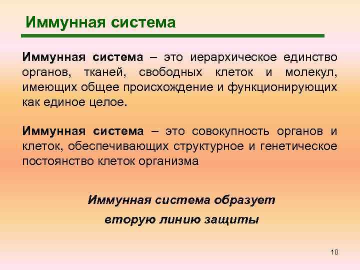 Иммунная система – это иерархическое единство органов, тканей, свободных клеток и молекул, имеющих общее