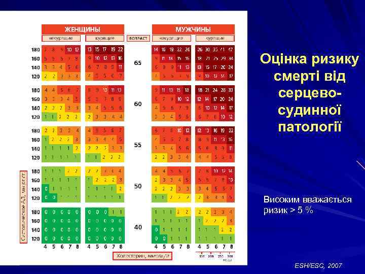Оцінка ризику смерті від серцевосудинної патології Високим вважається ризик > 5 % ESH/ESC, 2007