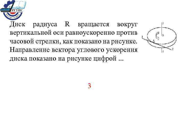 Диск радиуса R вращается вокруг вертикальной оси равноускоренно против часовой стрелки, как показано на