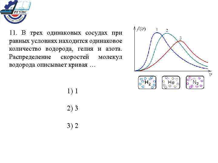 11. В трех одинаковых сосудах при равных условиях находится одинаковое количество водорода, гелия и