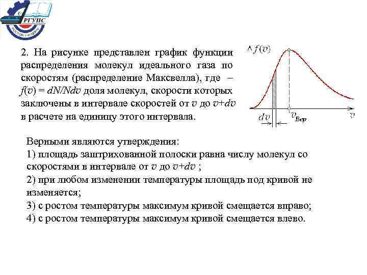 На рисунке представлен график распределения молекул идеального газа по величинам скоростей