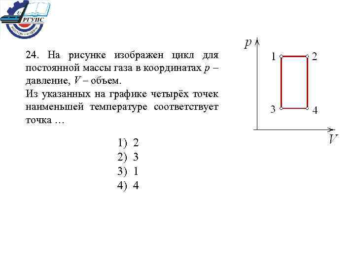 24. На рисунке изображен цикл для постоянной массы газа в координатах p – давление,